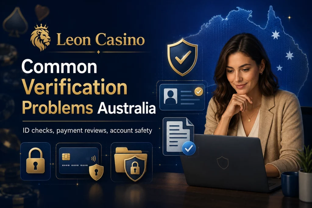 Leon Casino verification problems Australia guide with ID check, payment review, privacy lock, security shield and Australian map background