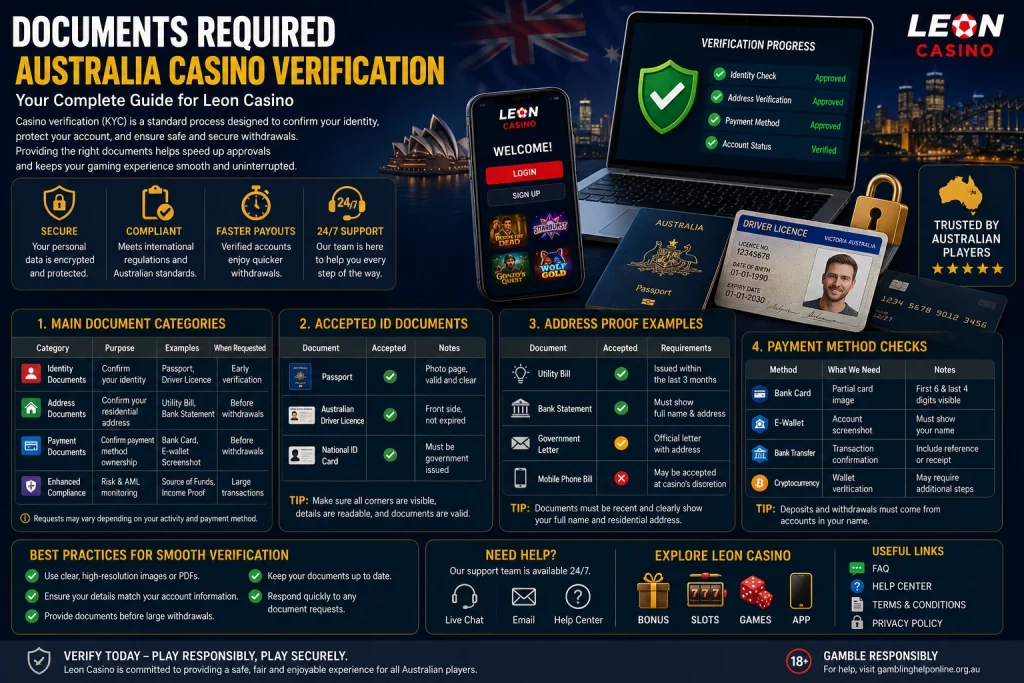 Leon Casino Australia casino verification infographic featuring required KYC documents, passport and driver licence verification, payment method checks, secure withdrawals, encrypted player protection systems, and Australian online casino compliance in a premium blue and gold design.