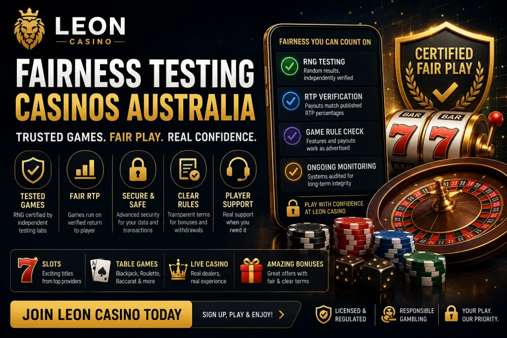 Fairness Testing Casinos Australia – Leon Casino guide covering RNG testing, RTP verification, casino security audits, game certification, player protection tools and fair gaming standards.