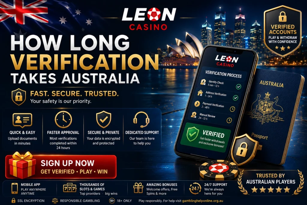 Premium Leon Casino verification timing banner for Australian players featuring secure casino identity checks, elegant blue-and-gold casino atmosphere, modern smartphone verification interface, Sydney skyline at night, protected withdrawals, and fast trusted account approval design.