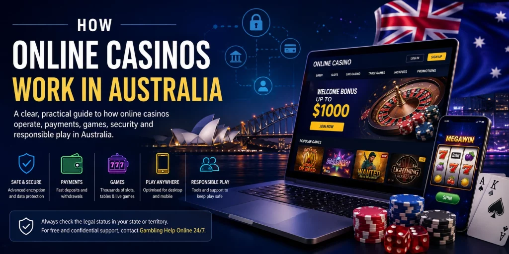 How online casinos work in Australia guide with payment security, account verification, responsible play icons, laptop casino interface, Australian flag and Sydney skyline