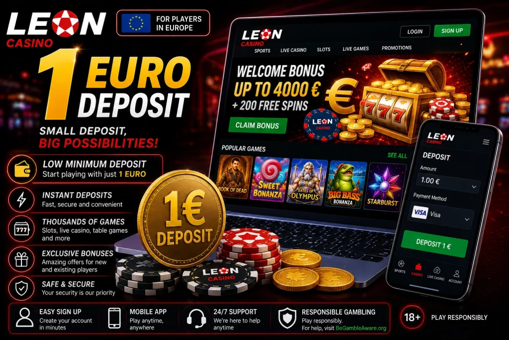 Leon Casino 1 Euro Deposit banner featuring euro coins, laptop with casino interface, glowing slot machines, poker chips, and premium red-gold casino background promoting low minimum deposit access for European players