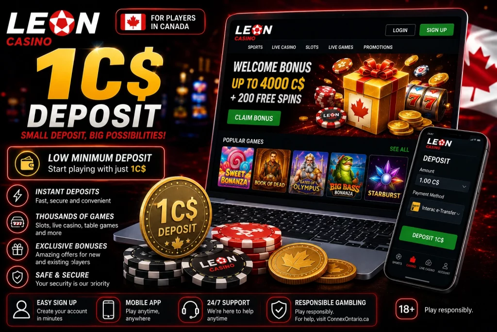 Leon Casino 1C$ Deposit banner featuring Canadian dollar symbols, casino chips, glowing slot machines, laptop with casino interface, and modern red-gold casino background highlighting low minimum deposit access for Canadian players