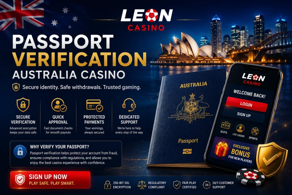 Premium Leon Casino passport verification banner featuring an elegant Australian casino atmosphere, secure online identity verification, luxury gold-and-blue lighting, modern smartphone interface, protected withdrawals, and a stylish high-end gambling environment designed for Australian players