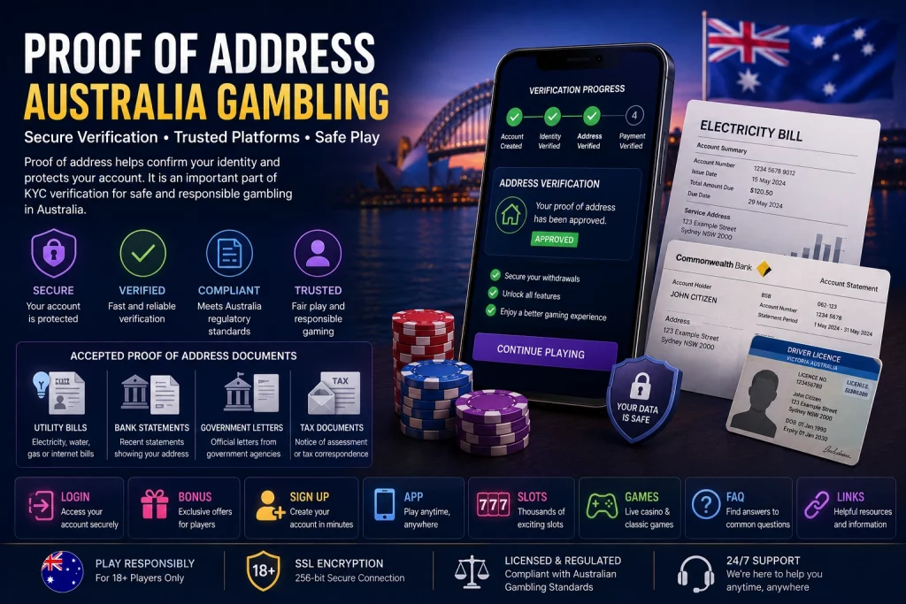Minimalist Leon Casino proof of address banner for Australian gambling verification featuring secure online casino identity checks, modern smartphone interface, Australian skyline, protected withdrawals, and clean blue-and-gold security design without heavy infographic elements.