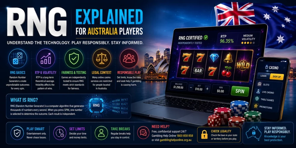 RNG explained for Australia players guide with random number generator icons, digital casino interface, fairness check symbols, Australian map and responsible gaming elements