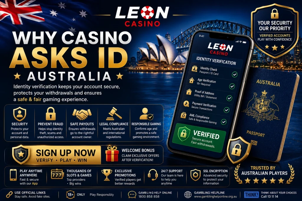 Premium Leon Casino ID verification banner for Australian players featuring elegant blue and gold casino lighting, secure online identity checks, modern smartphone verification interface, luxury casino atmosphere, protected withdrawals, and a stylish trustworthy gambling environment.