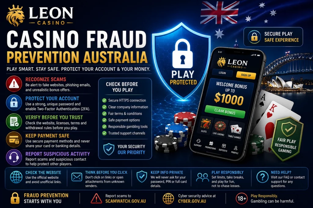 Leon Casino Casino Fraud Prevention Australia banner with security shield, padlock, scam warning icons, Australian flag, casino app, secure account tips, and responsible gambling notice