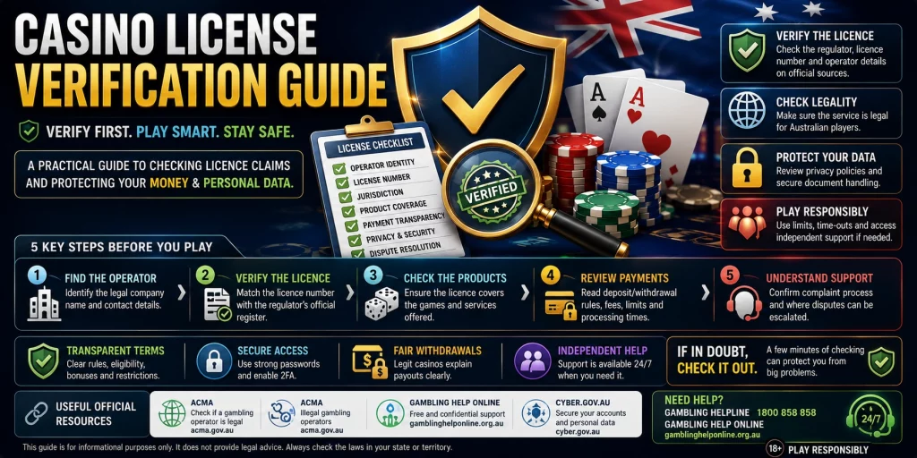Casino License Verification Guide banner with licence checklist, verified shield, Australian flag, magnifying glass, operator identity check, payment safety icons, privacy protection, and responsible gambling support notice