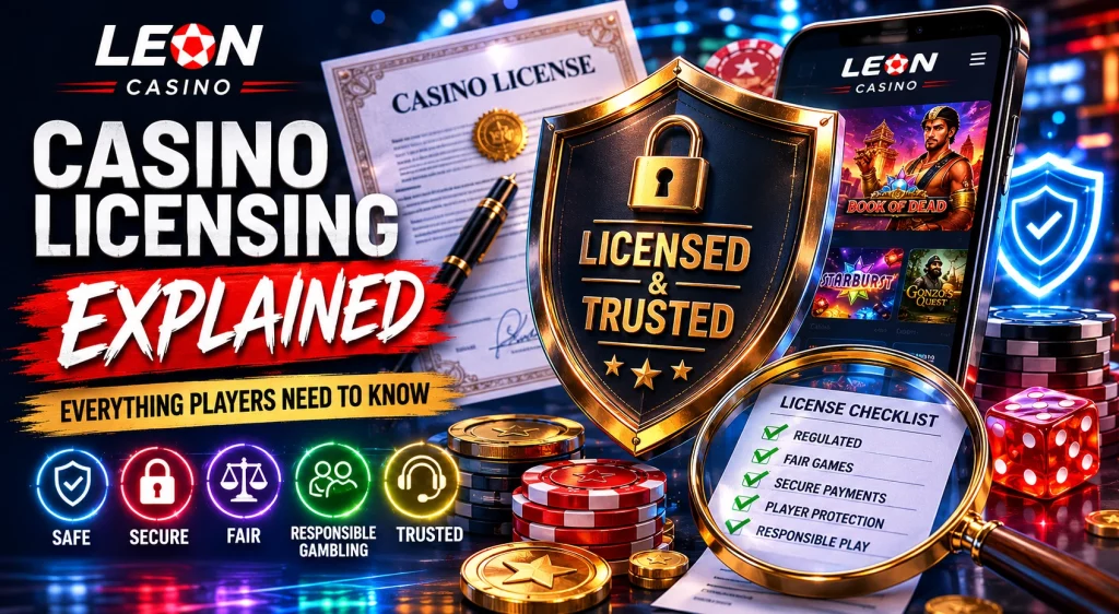 Leon Casino licensing explained banner with secure casino symbols, legal compliance theme, golden chips, shield icon, and professional online gaming design.