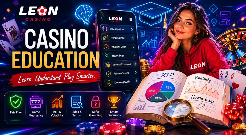 Leon Casino Education guide banner featuring casino learning resources, RTP and volatility explanations, RNG education, licensing guides, responsible gambling information, and smart player decision-making tools.