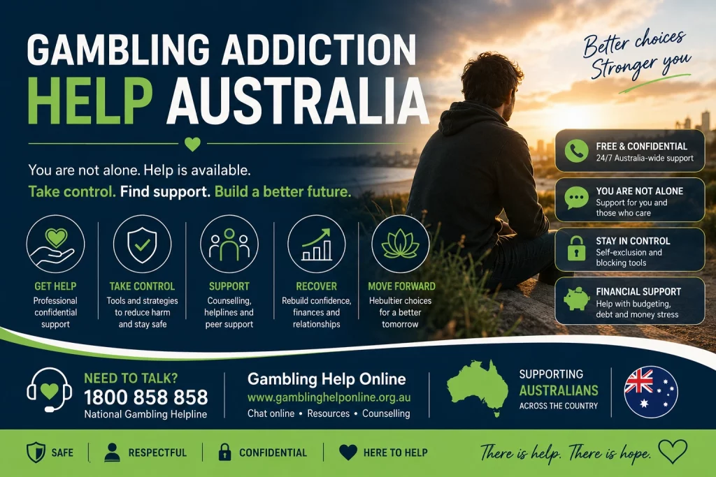 Gambling Addiction Help Australia guide banner featuring supportive counselling concepts, financial recovery planning, responsible gambling assistance, self-exclusion tools, emotional wellbeing support, and Australian gambling harm recovery resources in a modern professional design.