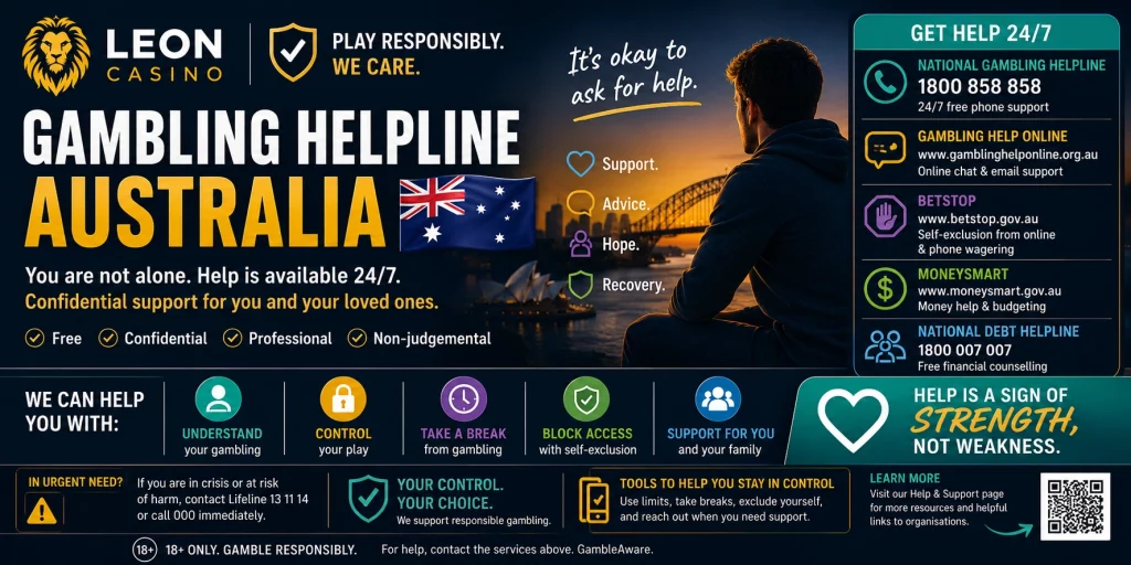 Leon Casino Gambling Helpline Australia banner featuring confidential gambling support services, National Gambling Helpline, Gambling Help Online, self-exclusion resources, financial counselling assistance, and responsible gambling guidance for Australian players.