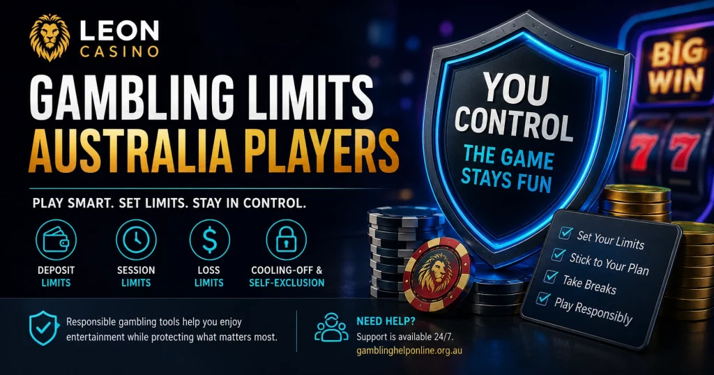 Leon Casino Gambling Limits Australia Players banner featuring responsible gambling tools, deposit limits, session controls, loss limits, self-exclusion options, and safe gaming guidance for Australian casino players.