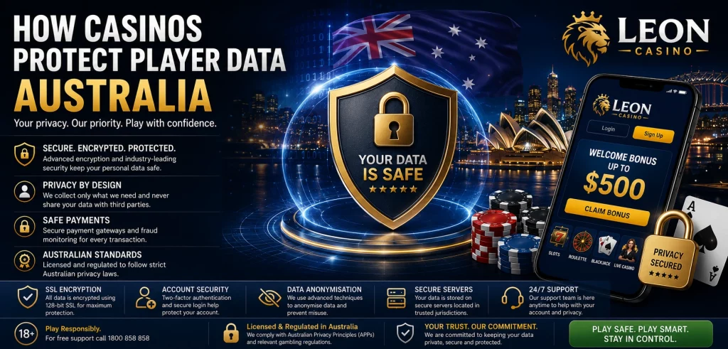 Leon Casino banner for How Casinos Protect Player Data Australia with security shield, padlock, Australian flag, privacy protection icons, and casino app interface