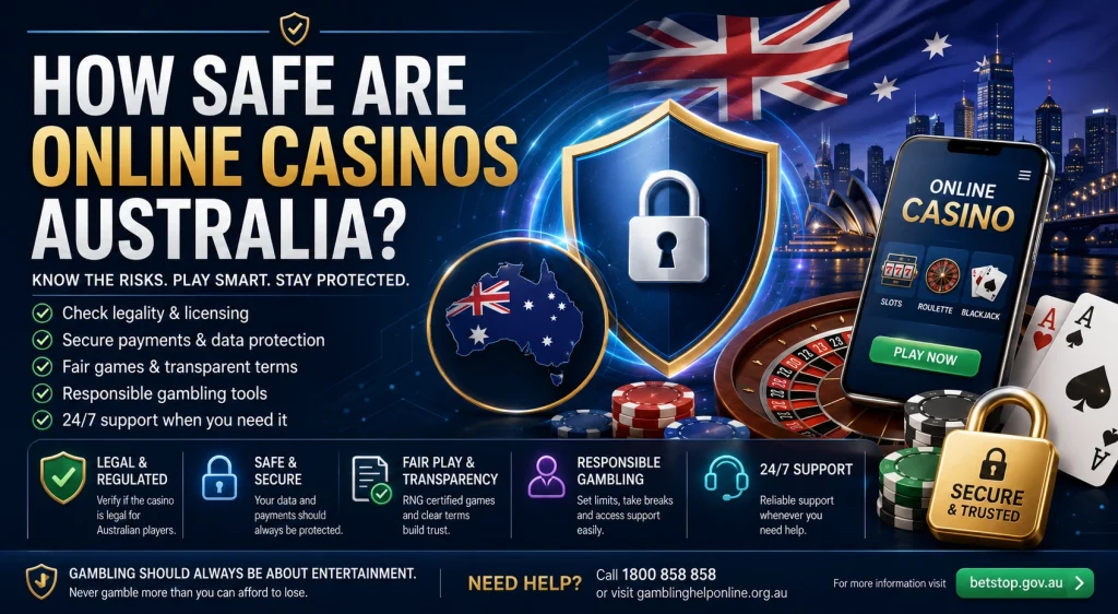 Leon Casino banner for How Safe Are Online Casinos Australia with security shield, Australian map, safe payment icons, and responsible gambling protection elements