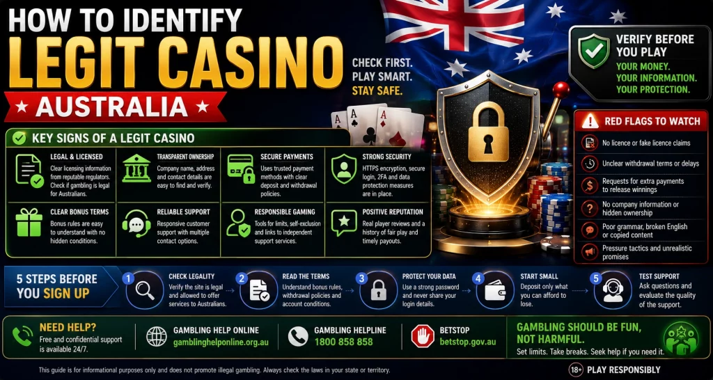 How to Identify Legit Casino Australia banner with verified casino checklist, security shield, legal compliance icons, Australian flag, payment safety symbols, privacy protection, and responsible gambling tools