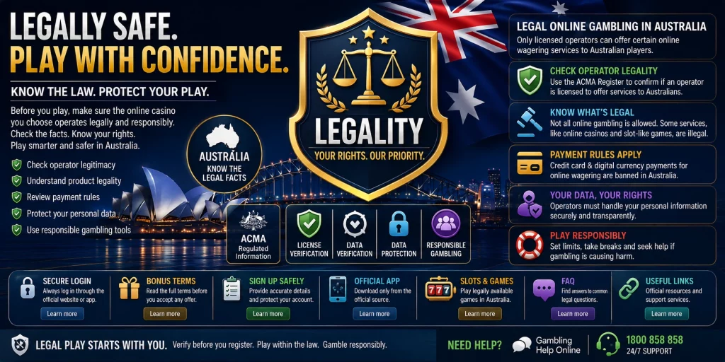 Legality banner for online gambling in Australia with legal shield, scales of justice, Australian flag, ACMA-style regulation icons, secure login, payment rules, data protection, responsible gambling tools, and support information