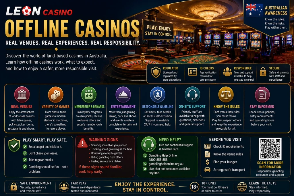 Offline Casinos banner with Leon Casino branding, land-based casino interior, table games, slot machines, Australian awareness notice, venue rules, responsible gambling icons, ID checks, on-site support, safety tips, and help information