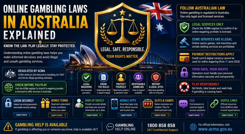 Online Gambling Laws in Australia Explained banner with legal shield, scales of justice, Australian flag, ACMA regulation icons, online wagering rules, payment restriction notice, privacy protection, responsible gambling tools, and support information