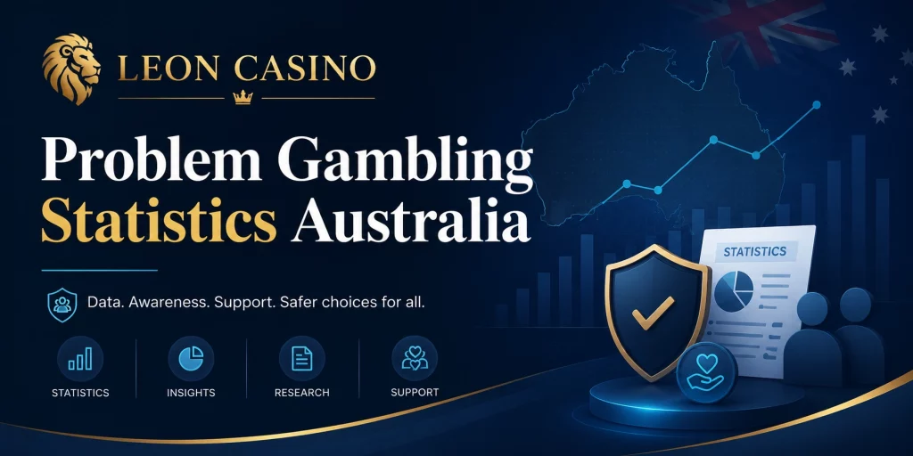 Leon Casino banner for Problem Gambling Statistics Australia with data charts, safety shield, support icons, and Australian map background
