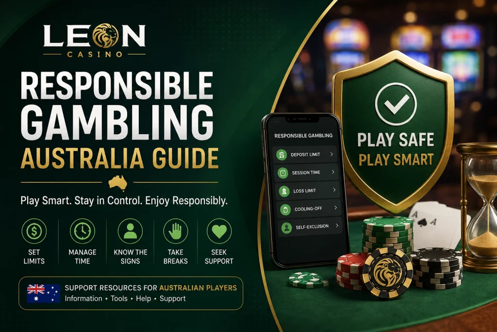 Responsible Gambling Australia Guide at Leon Casino – Australian player managing budget limits, responsible gaming tools, safe online casino practices, financial control, player protection, and balanced gambling habits in a modern casino environment.