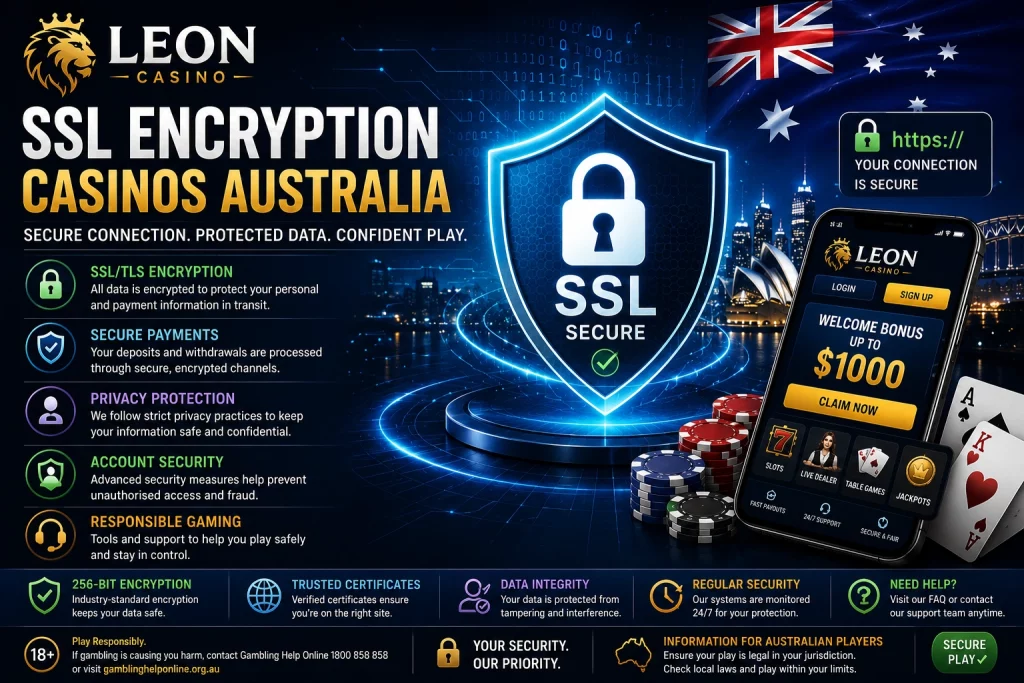 Leon Casino SSL Encryption Casinos Australia banner with glowing security shield, padlock, HTTPS sign, Australian flag, casino app, secure payments, privacy protection, and responsible gaming icons