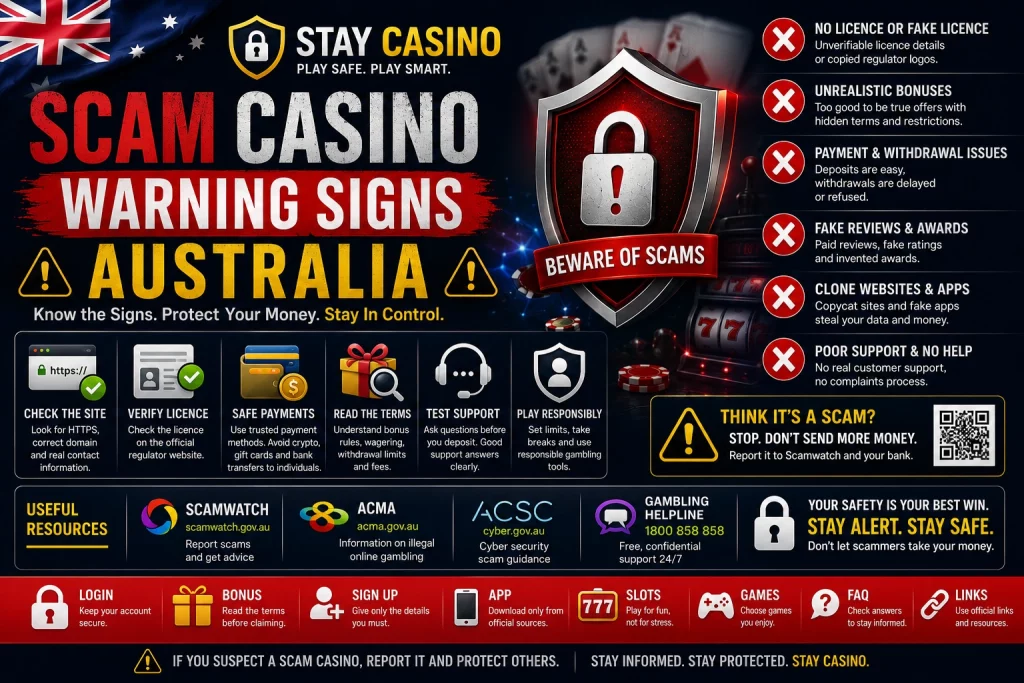 Scam Casino Warning Signs Australia banner with warning triangle, padlock, scam alert icons, Australian flag, fake casino website screen, phishing message symbols, and responsible gambling safety notice