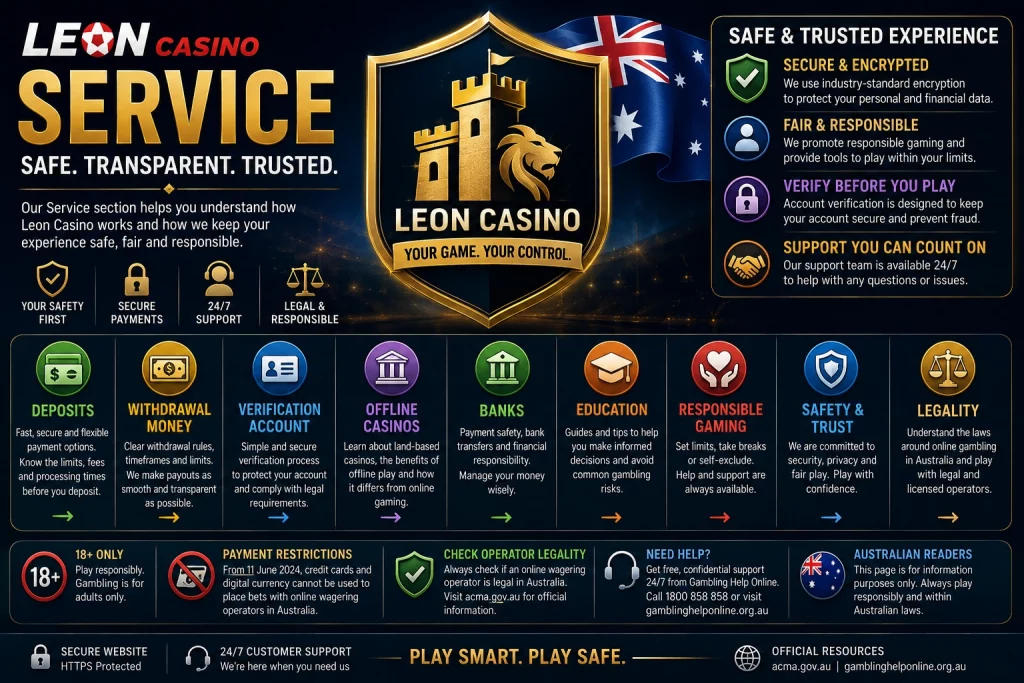 Leon Casino Service banner with deposits, withdrawal money, verification account, offline casinos, banks, education, responsible gaming, safety and trust, legality icons, Australian flag, secure payments, and support information